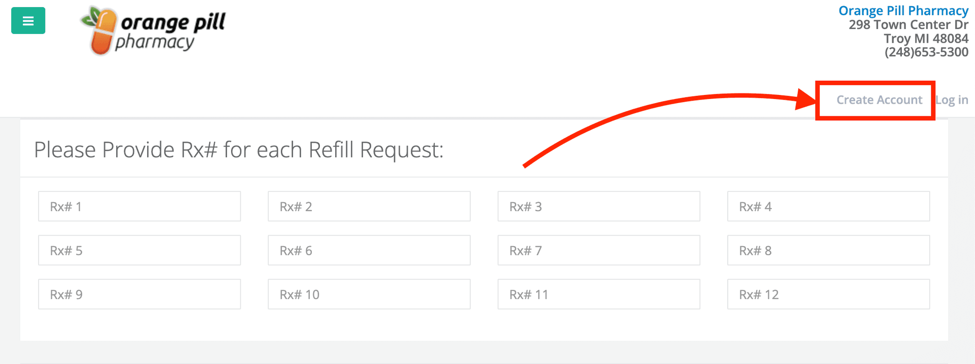 Screenshot showing the Create Account button on FillMyRefills portal